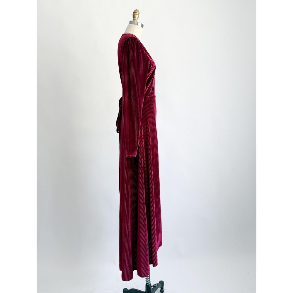 Baltic Born Maxi Dress Velvet Pleated Wrap Red Long Sleeve High Low Burgundy L - Picture 4 of 7